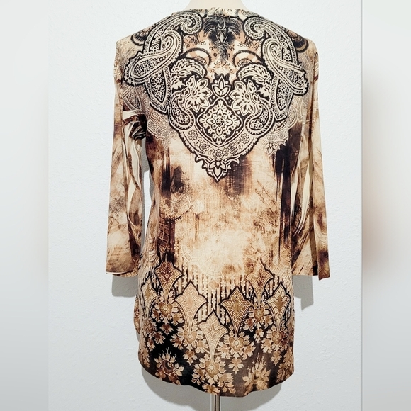 Chico's (1) Womans Tunic Top Jeweled/Beaded Brown Paisley Made In USA Size Small - Picture 5 of 13